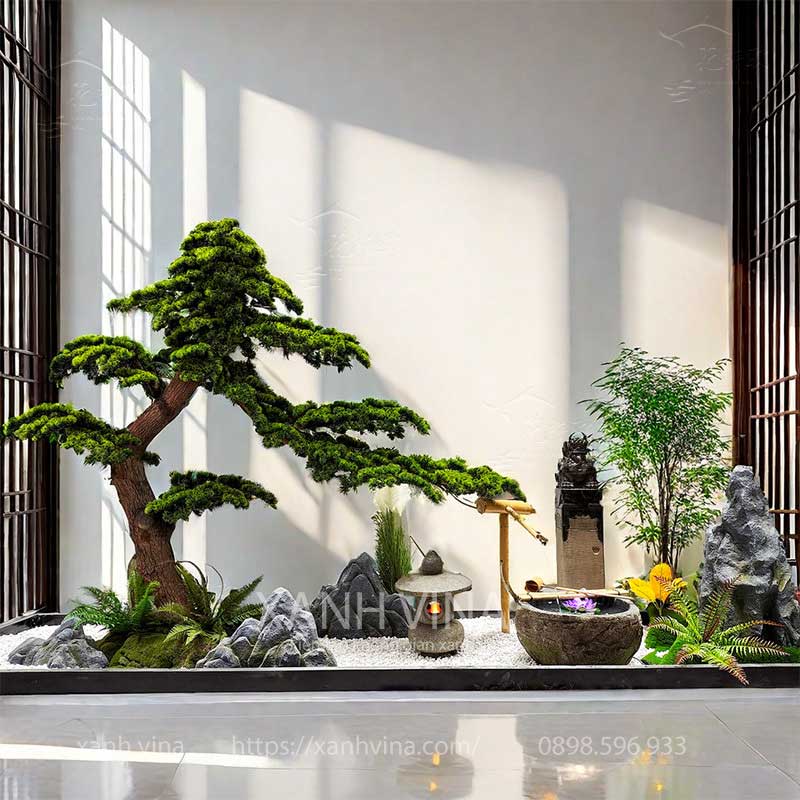 Tiểu cảnh cây tùng giả trang trí cho văn phòng, showroom