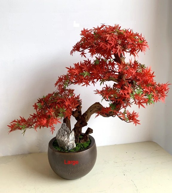 Cây phong bonsai giả lá đỏ điểm lất phất vài lá xanh có cấu tạo lá nhựa, thân thật